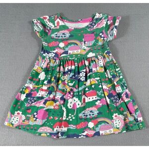 Mini Boden Girls Dress Size 4–5Y Green Rainbow Village Print Short Sleeve